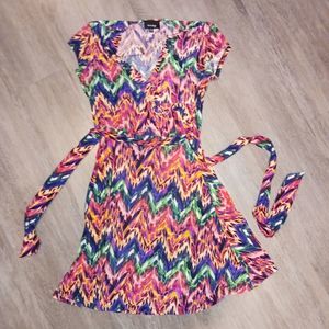"Snap" size small colorful pattern silky sheer wrap dress midi polyester spandex